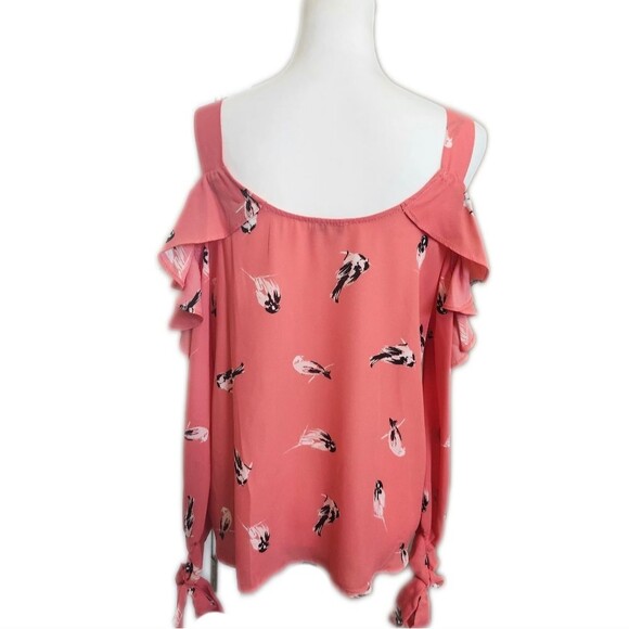 Lily White cold shoulder coral pink top with white/black bird pattern - Small - Picture 2 of 6
